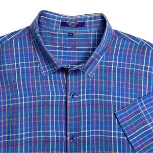 Alan Flusser Linen Blend Colorful Plaid Short Sleeve Shirt Tropical Preppy Boho